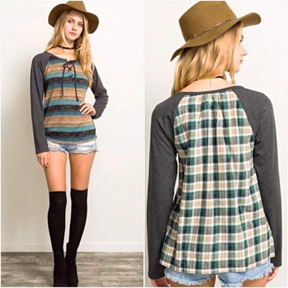 Tops - Boho Chic Plaid Striped Lace Up Front Top Small